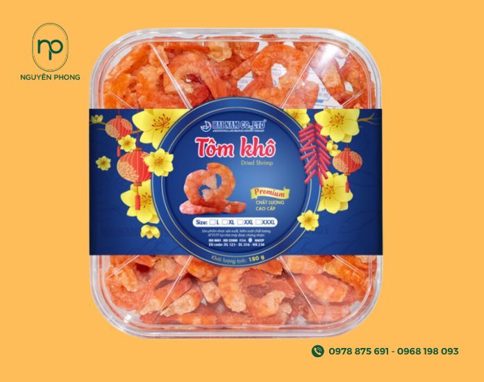Tem nhãn tôm khô của thương hiệu Hải Nam